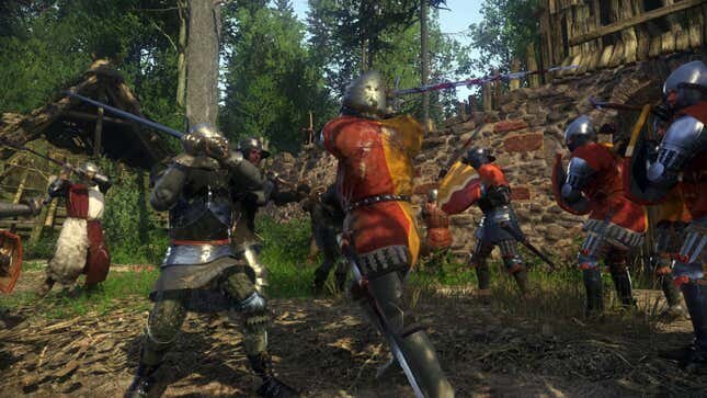 Capture d'écran officielle du combat au corps à corps entre chevaliers dans Kingdom Come: Deliverance.