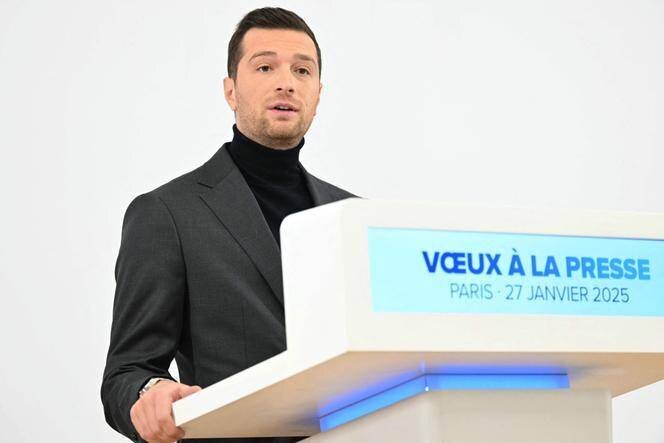 Jordan Bardella, président du Rassemblement national, lors de ses vœux à la presse, à la Maison de la chimie, à Paris, le 27 janvier 2025.