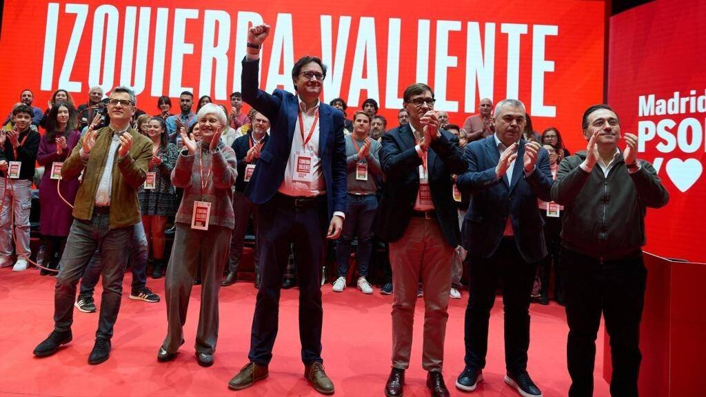 Félix Bolaños, Isaura Leal, Óscar López, Salvador Illa, Santos Cerdán y José Manuel Albares lors du Congrès du PSOE à Madrid.