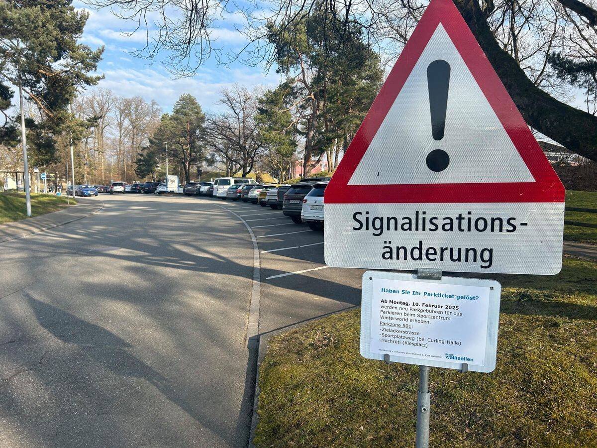 Strassenschild mit Ausrufezeichen und Hinweis auf Signaländerung, parkende Autos entlang einer Allee in einer Wohngegend.