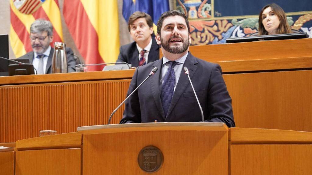 El portavoz de Vox, Alejandro Nolasco, este jueves en el pleno. Cortes de Aragón