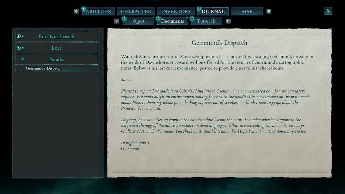 Geirmund's Dispatch, a document you receive for the missing cartographer quest in Avowed.