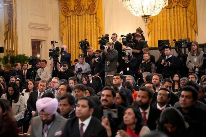 Des journalistes et des invités, à la conférence de presse de Narendra Modi et Donald Trump, à la Maison Blanche, à Washington, le 13 février 2025.
