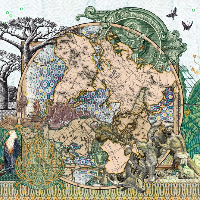 « Figures 1816, Le ciel étoilé du Sud versus Planiglobe des Antipodes », photocollage tiré à l’encre pigmentaire sur papier pur coton, de Malala Andrialavidrazana.