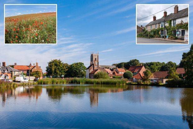 Village de Great Massingham avec champs de coquelicots rouges