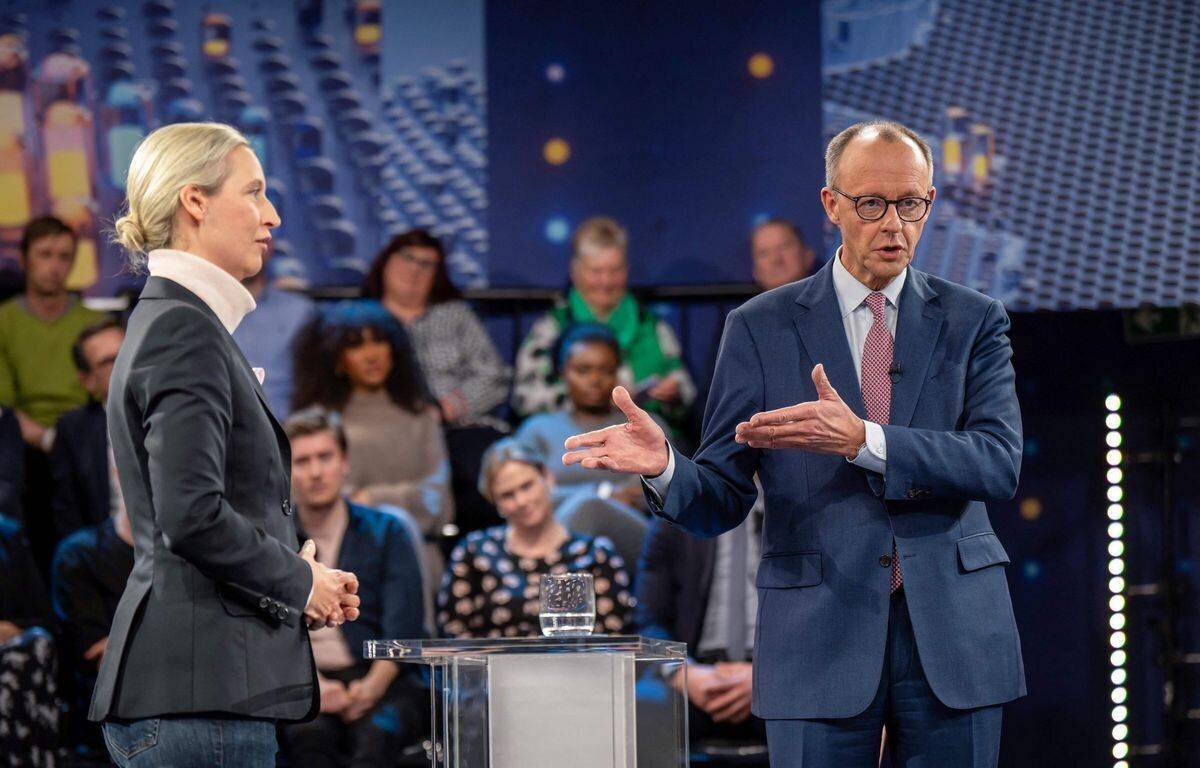 Alice Weidel et Friedrich Merz lors de l'émission 'Klartext' à Berlin