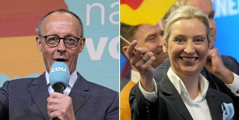 Le futur chancelier Friedrich Merz refuse catégoriquement la maine tendue par Alice Weidel et l'AfD (photomontage).