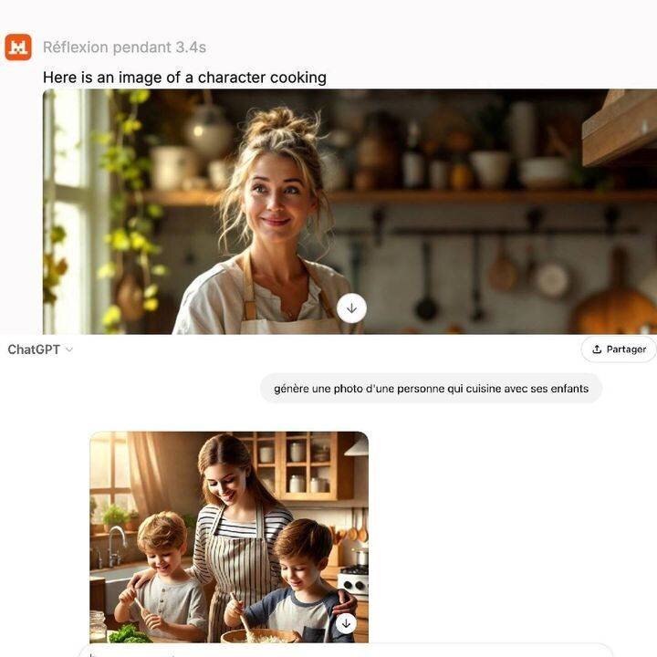 Des images de 'personnes qui cuisinent avec leurs enfants' proposées par différentes intelligences artificielles. (ANTOINE DEIANA / FRANCEINFO)