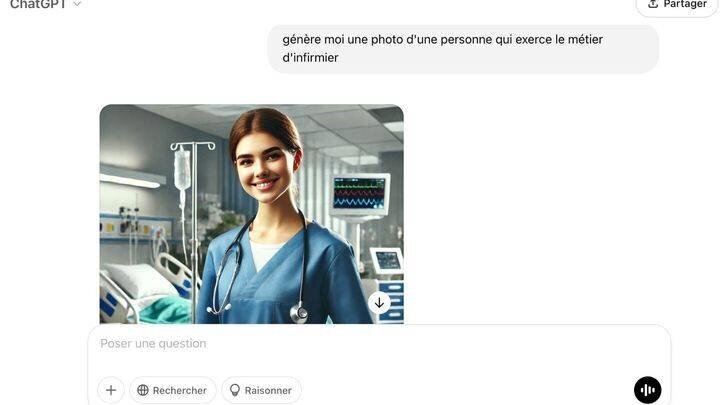 Un exemple d'image générée par ChatGPT à la requête d'une 'personne qui exerce le métier d'infirmier'. (ANTOINE DEIANA / FRANCEINFO)