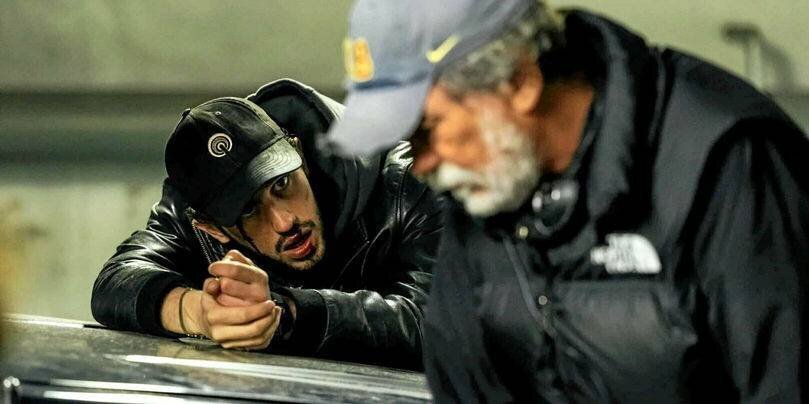 Victor Belmondo et Olivier Marchal sur le tournage de Bastion 36.
