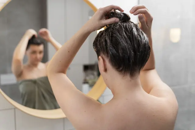 Femme avec un masque pour les cheveux