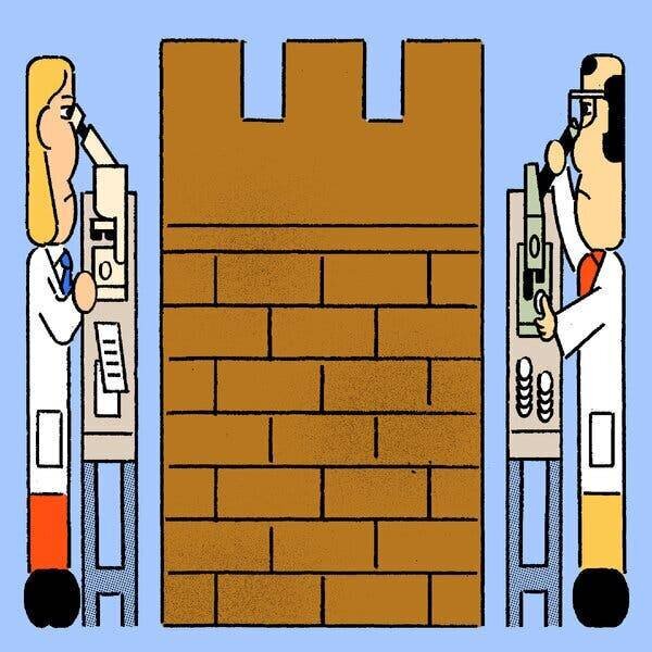 Des scientifiques utilisant des équipements scientifiques, séparés par une image de la Grande Muraille de Chine.