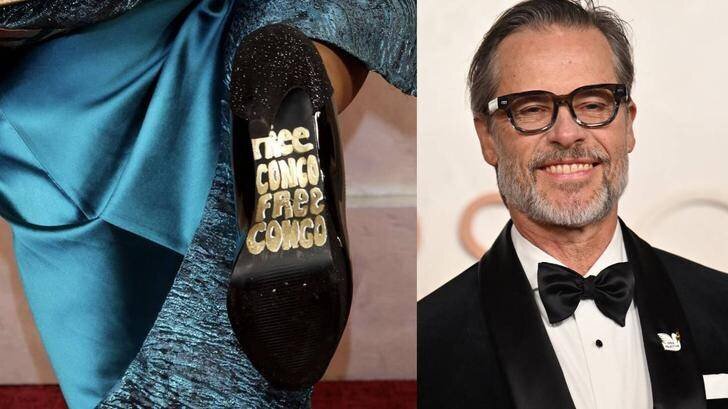 Guy Pearce sur le tapis rouge des Oscars 2025 portant un pin's 'Free Palestine'