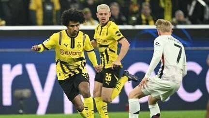 Le joueur du Borussia Dortmund Karim Adeyemi face à Lille en Ligue des champions, le 4 mars 2025. (INA FASSBENDER / AFP)
