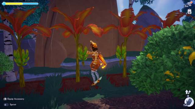 Un joueur habillé en abeille récoltant des bananes d'un arbre dans Disney Dreamlight Valley.