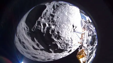 Intuitive Machines’ Odysseus lunar lander captures an image of Schomberger crater on the Moon.