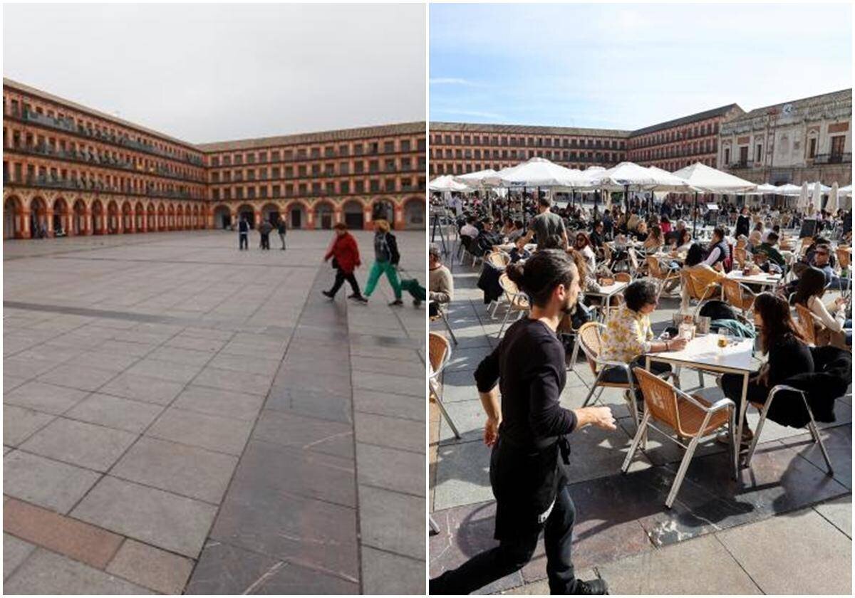 Plaza de la Corredera de Córdoba. A la izquierda, el 14 de marzo de 2020. A la derecha, la época actual