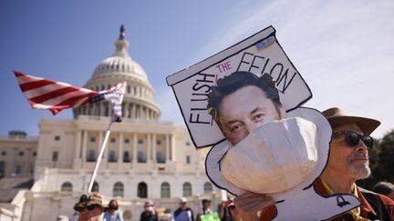 Une manifestation contre les actions de l'administration de Donald Trump et d'Elon Musk, devant le Capitole à Washington, le 10 mars 2025. (KAYLA BARTKOWSKI / GETTY IMAGES NORTH AMERICA / AFP)