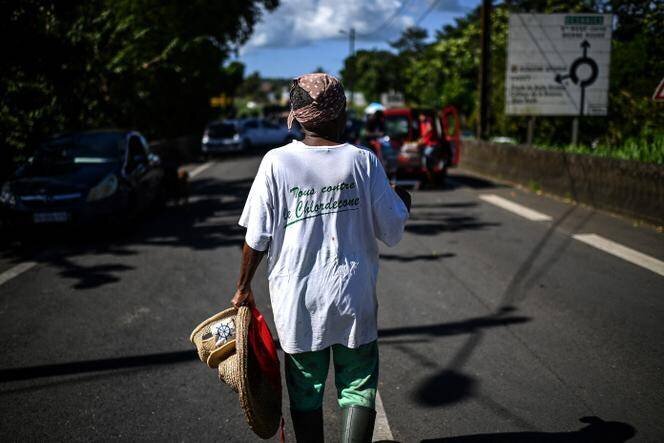 Une femme avec un tee-shirt portant le slogan « Tous contre le chlordécone », à Sainte-Rose (Guadeloupe), le 29 novembre 2021.