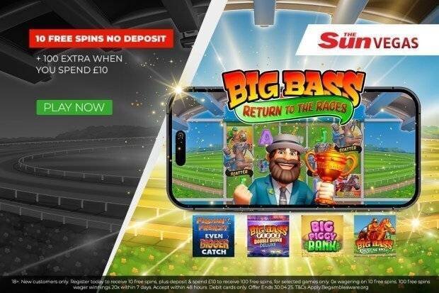 Illustration d'un téléphone mobile affichant le jeu de machines à sous Big Bass Bonanza, avec une offre de 10 tours gratuits sans dépôt et 100 tours supplémentaires lors d'un dépôt de 10 £.