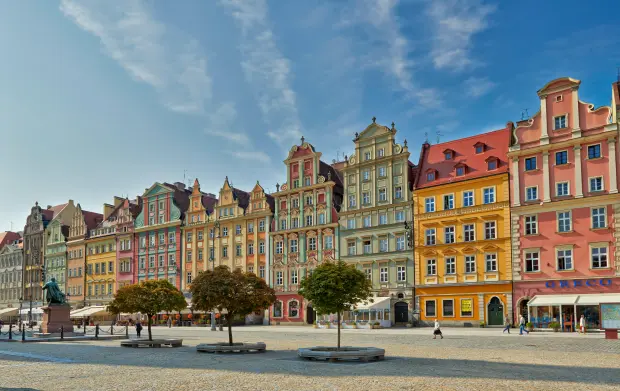 Wroclaw Market Square with colorful buildings.