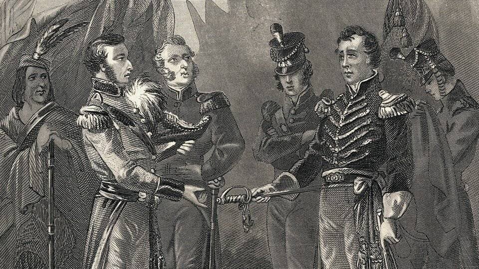 Illustration of 19th century American and British generals discussing a surrender
