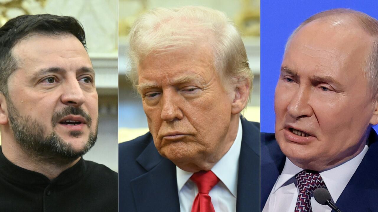 De gauche à droite: les présidents ukrainien, américain et russe Volodymyr Zelensky, Donald Trump et Vladimir Poutine, respectivement le 18 mars 2025 et le 28 février 2025 à Washington, et le 18 mars 2025 à Moscou