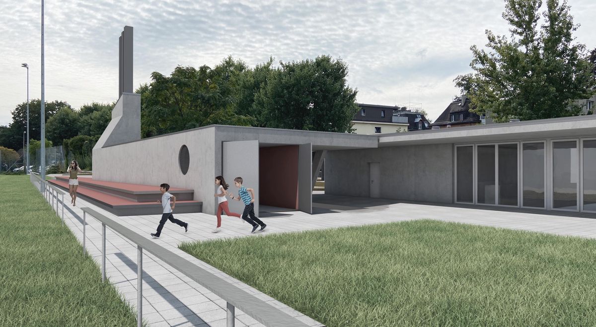 Planned heat supply center Riet with modern architecture, surrounded by green spaces, three playing children in the foreground.