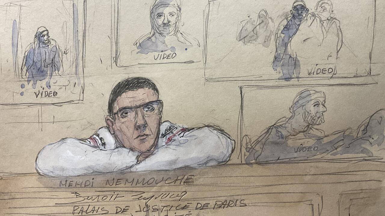 Croquis d'audience du 27 février 2025 représentant Mehdi Nemmouche devant la cour d'assises spéciale de Paris.