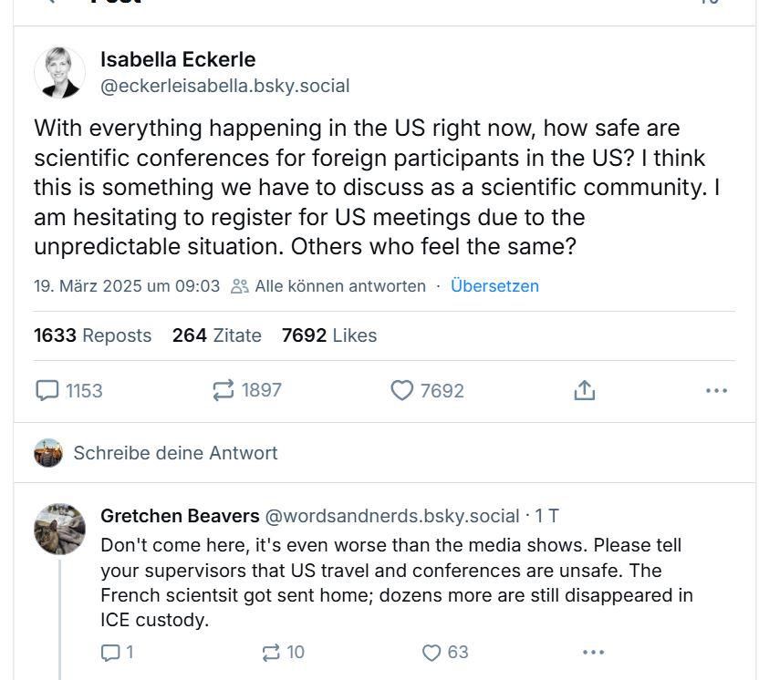 Screenshot d'un post sur les réseaux sociaux d'Isabella Eckerle concernant la sécurité des conférences scientifiques aux USA.