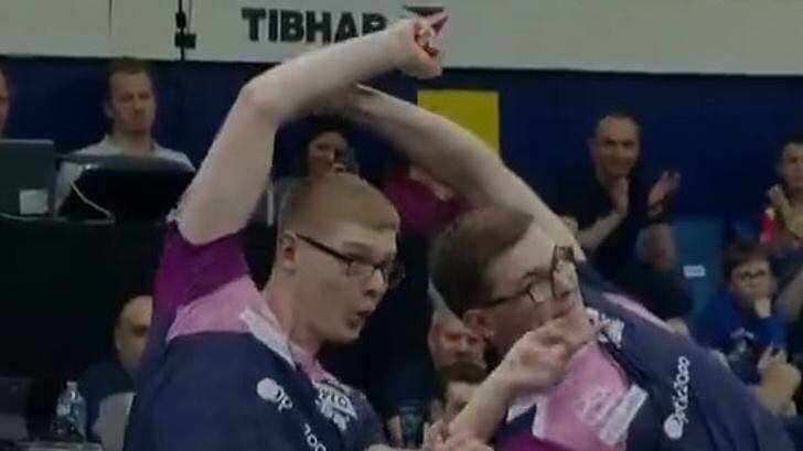 Alexis et Félix Lebrun, ici lors des championnats de France de tennis de table, à Levallois-Perret, le 22 mars 2025.