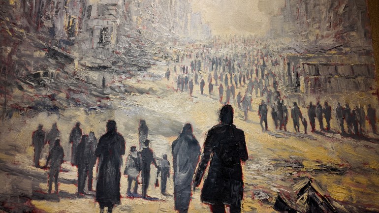 Tableau illustrant le retour des Gazaouis dans leurs maisons détruites