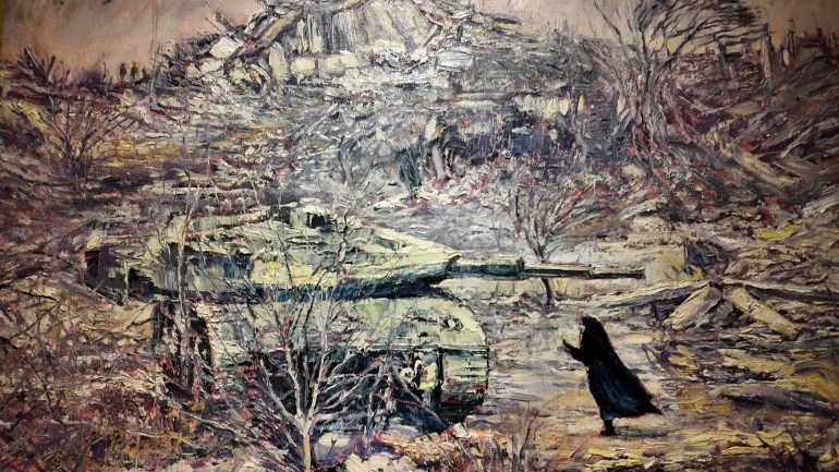 Tableau illustrant la confrontation d'une jeune fille du Sud libanais avec un char israélien
