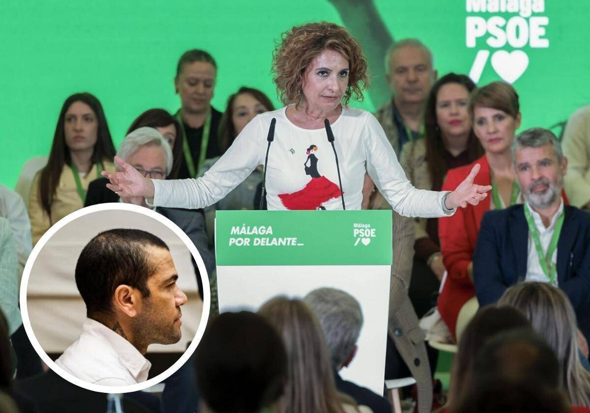 La vice-présidente du Gouvernement, María Jesús Montero, à un événement du PSOE à Málaga, et le footballeur Dani Alves pendant le procès à Barcelone.