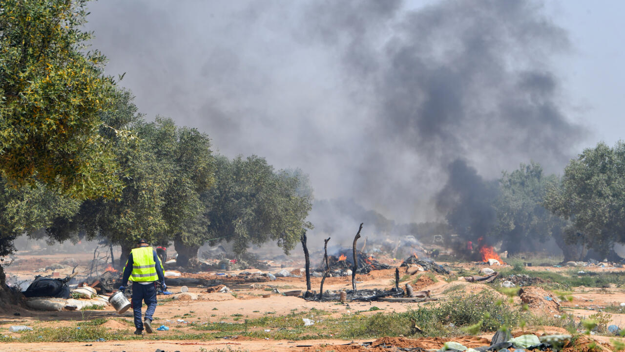 Les forces de l'ordre démantèlent un camp de fortune dans l'oliveraie d'Arselène Ben Farhat, près d'El Amra, en Tunisie, le 5 avril 2025.