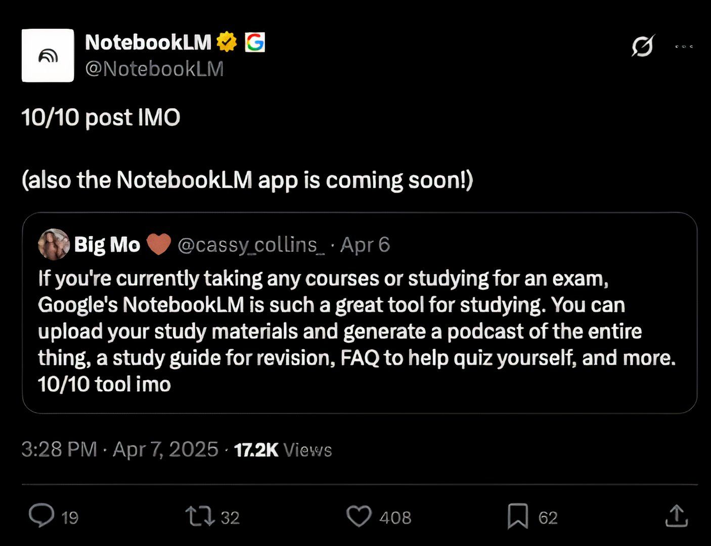 Capture d'écran du compte officiel de NotebookLM déclarant que l'application arrive bientôt sur X.