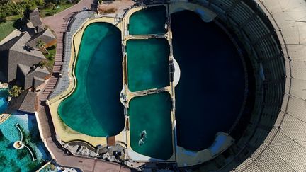 Une vue aérienne de bassins du parc Marineland d'Antibes (Alpes-Maritimes), désormais fermé, le 15 février 2025.