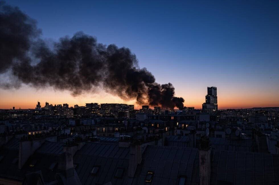 Un épais nuage de fumée dans le ciel de Paris alors qu'un important incendie s'est déclaré dans un centre de déchets dans le 17e arrondissement, le 7 avril 2025.