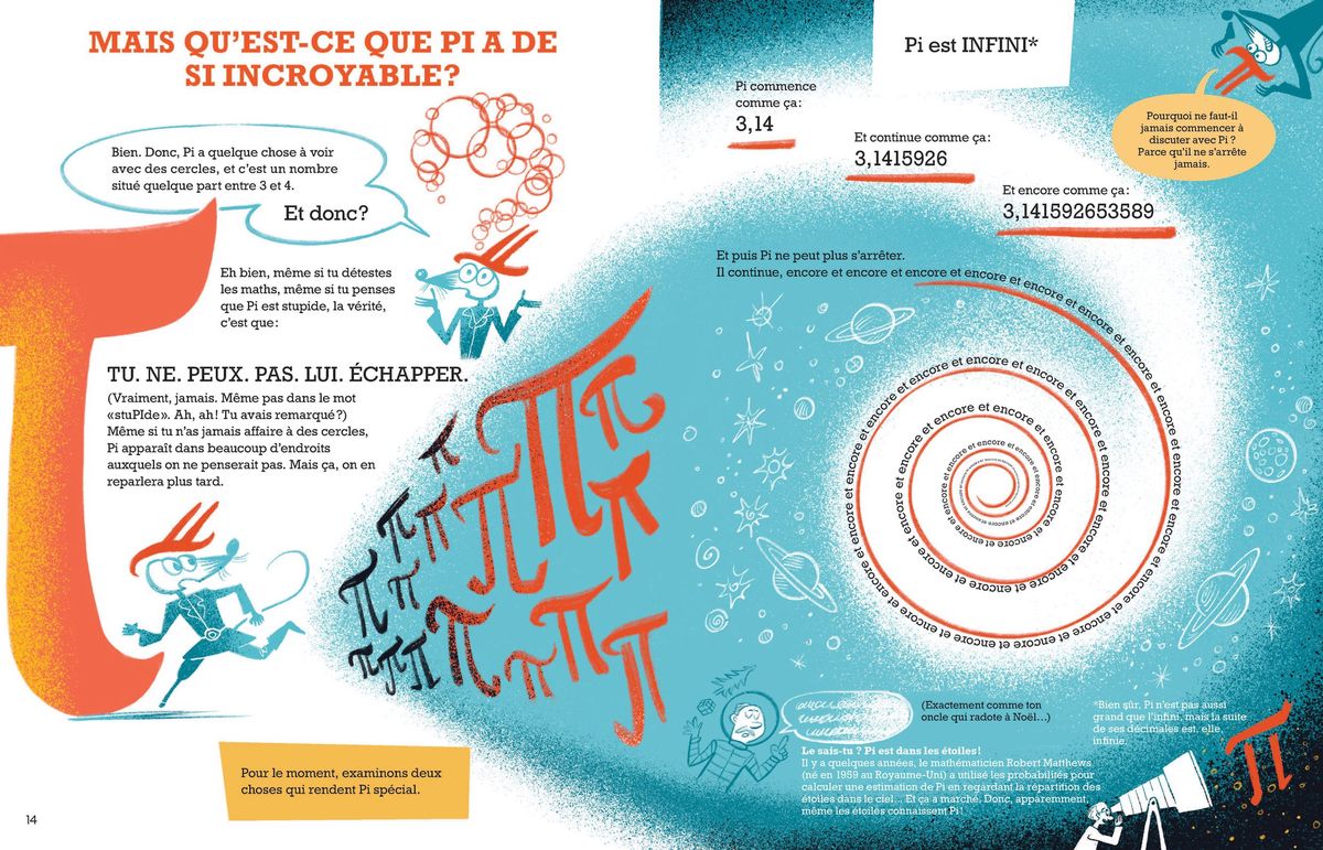 Illustration colorée expliquant le nombre Pi avec des chiffres 3,14 et 3,1415926, et le concept de son infinité, accompagnée de dessins de personnages.