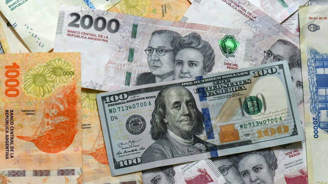 Des billets de pesos argentines et un billet de 100 dollars, le 11 avril 2025 à Buenos Aires