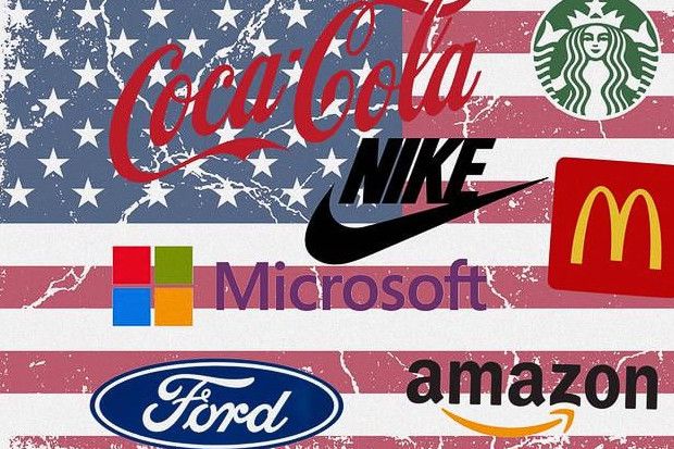 Logos de marques américaines comme Coca-Cola, Nike, McDonald’s, et d'autres.