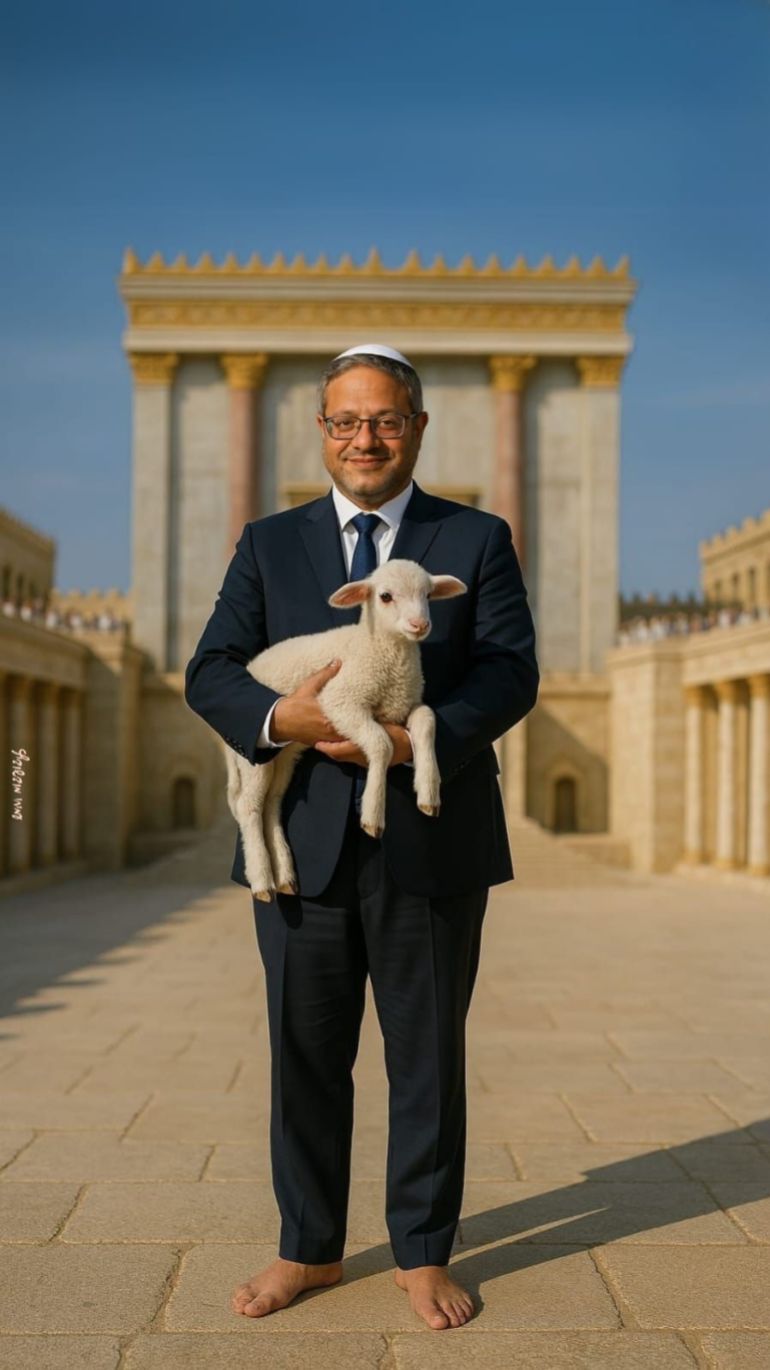 Image générée par intelligence artificielle montrant Ben-Gvir avec un bouc et le Temple à la place d'Al-Aqsa