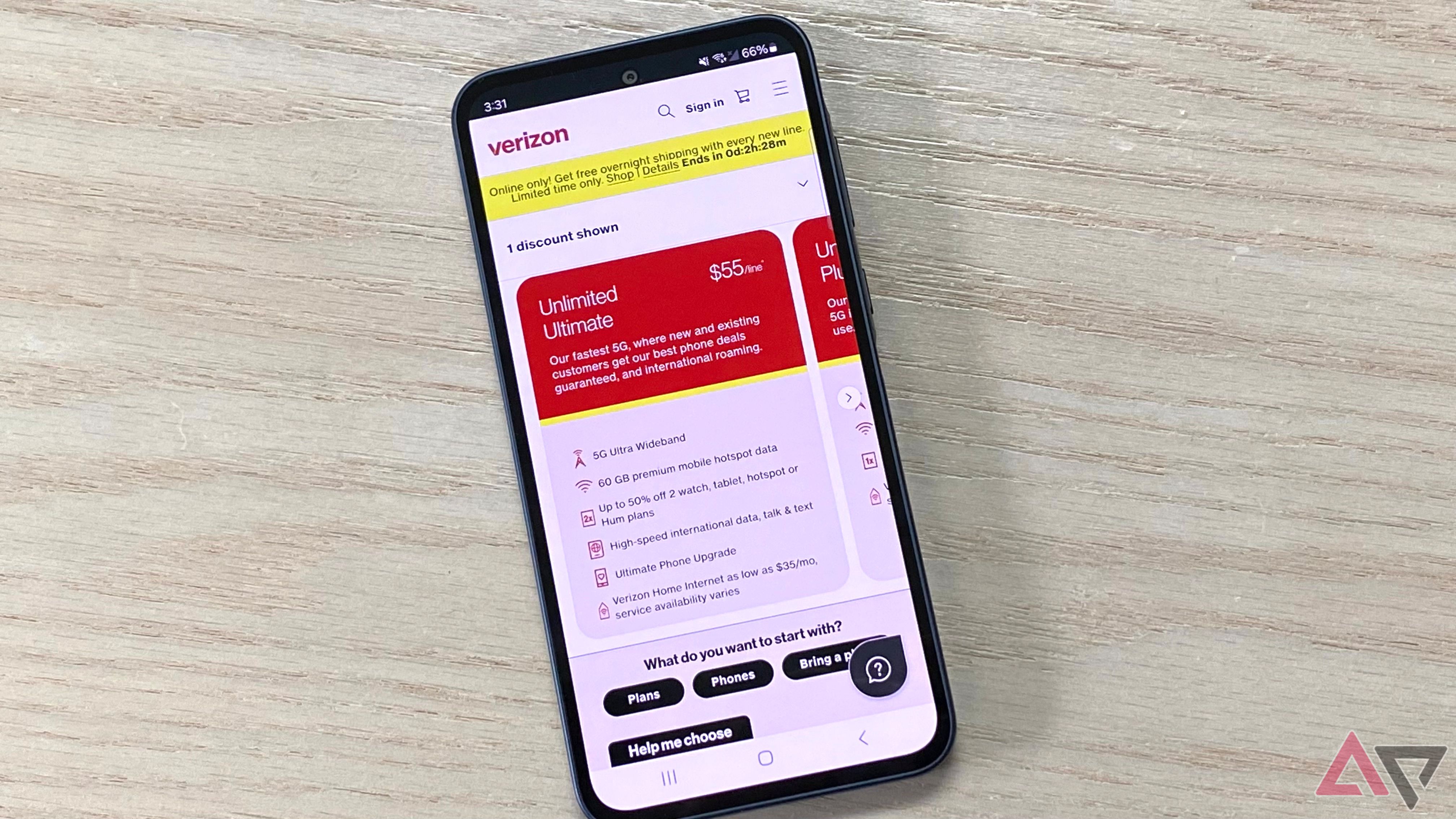 Page des forfaits Verizon sur un téléphone Galaxy A35