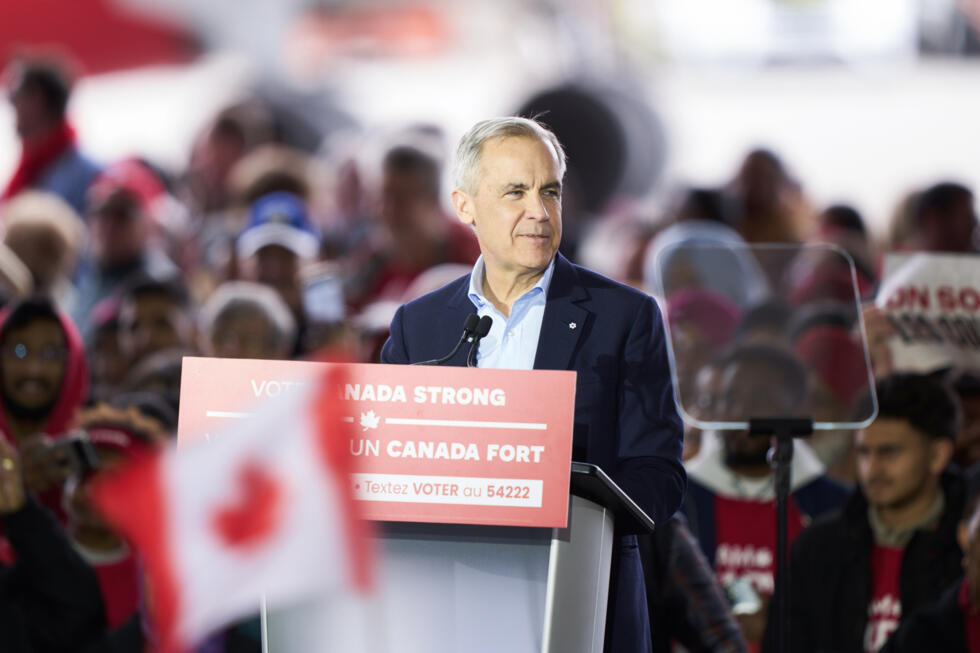 Le Premier ministre canadien et candidat libéral Mark Carney à Mississauga en Ontario, lors d'un meeting le 26 avril 2025.