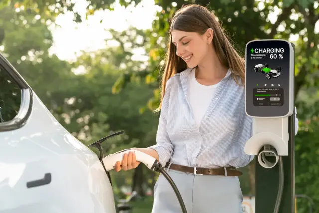 Une conductrice recharge sa voiture électrique sur une borne publique
