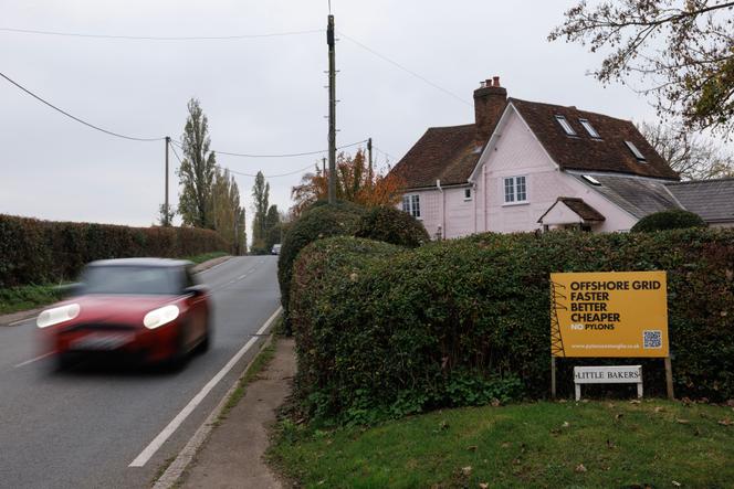 Un panneau s’opposant à un projet d’installation de pylônes électriques, à Great Waltham, en Angleterre, le 4 novembre 2024.