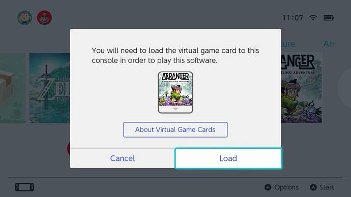Écran d'avertissement Virtual Game Card sur Nintendo Switch