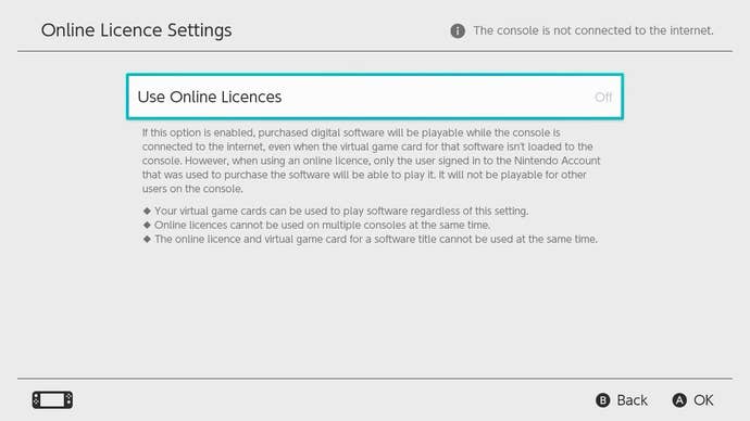 Paramètre de licence en ligne sur Nintendo Switch