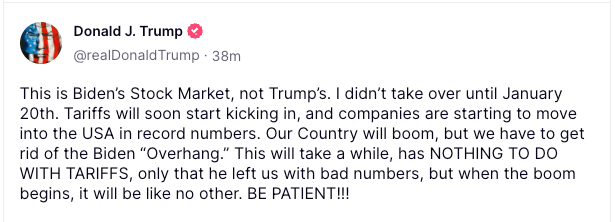 Capture d'écran du message de Trump sur Truth Social concernant l'économie