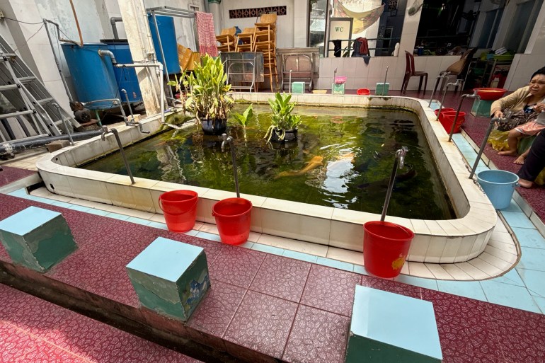 Bassin aquatique avec poissons dans la cour arrière de la mosquée 'Tous les Musulmans'